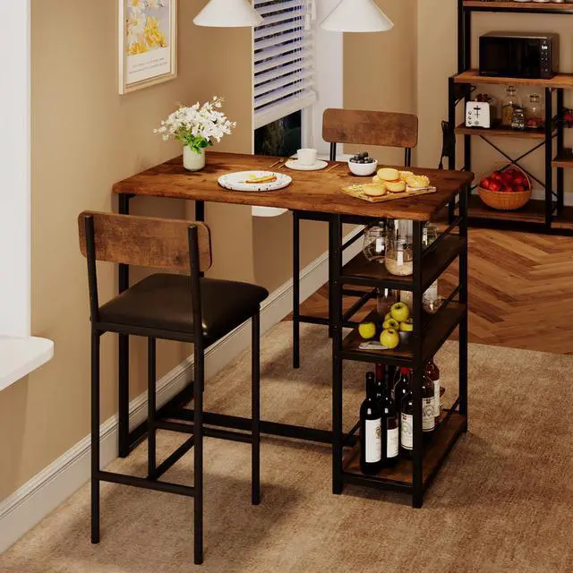 Main image of 3 Bar Height Tables and Chairs, Small Dining Table for 2 People, Breakfast Table with 3 Storage Shelves, 2 Upholstered Stools with Backrests Suitable for Restaurants, Apartments and Bistros