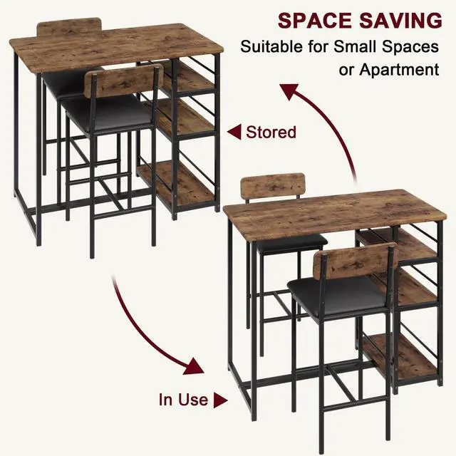 Alt view image 3 of 6 - 3 Bar Height Tables and Chairs, Small Dining Table for 2 People, Breakfast Table with 3 Storage Shelves, 2 Upholstered Stools with Backrests Suitable for Restaurants, Apartments and Bistros