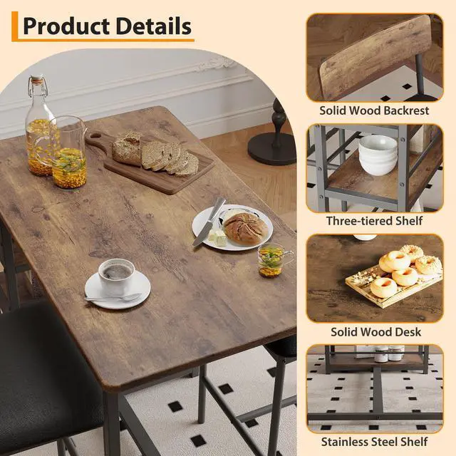 Alt view image 4 of 6 - 3 Bar Height Tables and Chairs, Small Dining Table for 2 People, Breakfast Table with 3 Storage Shelves, 2 Upholstered Stools with Backrests Suitable for Restaurants, Apartments and Bistros
