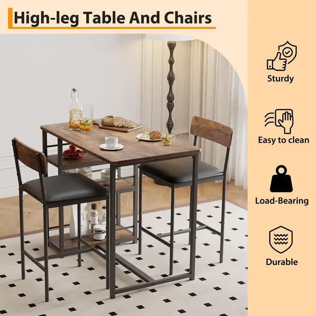 Alt view image 5 of 6 - 3 Bar Height Tables and Chairs, Small Dining Table for 2 People, Breakfast Table with 3 Storage Shelves, 2 Upholstered Stools with Backrests Suitable for Restaurants, Apartments and Bistros