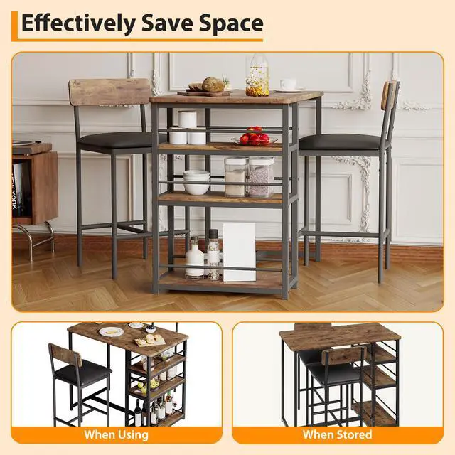 Alt view image 6 of 6 - 3 Bar Height Tables and Chairs, Small Dining Table for 2 People, Breakfast Table with 3 Storage Shelves, 2 Upholstered Stools with Backrests Suitable for Restaurants, Apartments and Bistros