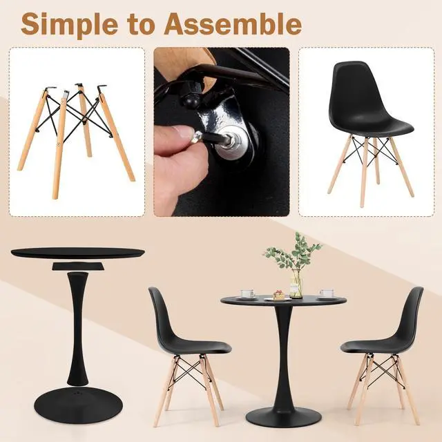 Alt view image 2 of 6 - Round Dining Table Set for 2, 32" Kitchen Table and Chairs with Solid Wood Legs, Plastic Seats, Metal Frame, Space Saving Dinette Set for Breakfast Nook, Apartment, Home Office (Black)