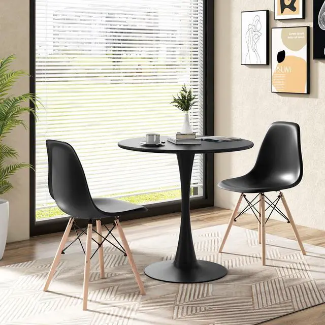 Alt view image 3 of 6 - Round Dining Table Set for 2, 32" Kitchen Table and Chairs with Solid Wood Legs, Plastic Seats, Metal Frame, Space Saving Dinette Set for Breakfast Nook, Apartment, Home Office (Black)