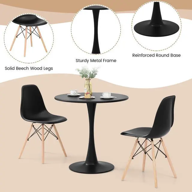 Alt view image 4 of 6 - Round Dining Table Set for 2, 32" Kitchen Table and Chairs with Solid Wood Legs, Plastic Seats, Metal Frame, Space Saving Dinette Set for Breakfast Nook, Apartment, Home Office (Black)