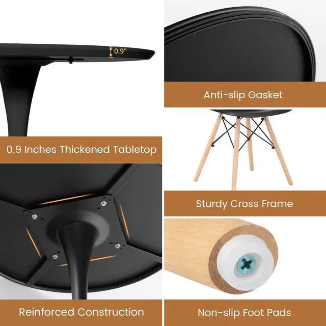 Alt view image 5 of 6 - Round Dining Table Set for 2, 32" Kitchen Table and Chairs with Solid Wood Legs, Plastic Seats, Metal Frame, Space Saving Dinette Set for Breakfast Nook, Apartment, Home Office (Black)