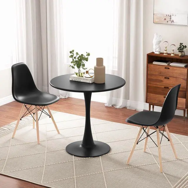 Alt view image 6 of 6 - Round Dining Table Set for 2, 32" Kitchen Table and Chairs with Solid Wood Legs, Plastic Seats, Metal Frame, Space Saving Dinette Set for Breakfast Nook, Apartment, Home Office (Black)