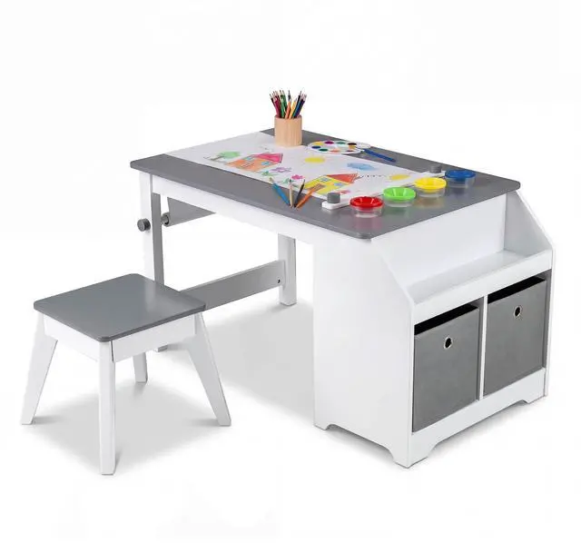Main image of Kids Art Table and Chair Set, Wooden Arts Crafts Activity Set w/Paper Roll, Storage Shelf, Bins, for Writing Drawing Dining, Children Learning Furniture, Toddler Table and Chair Set