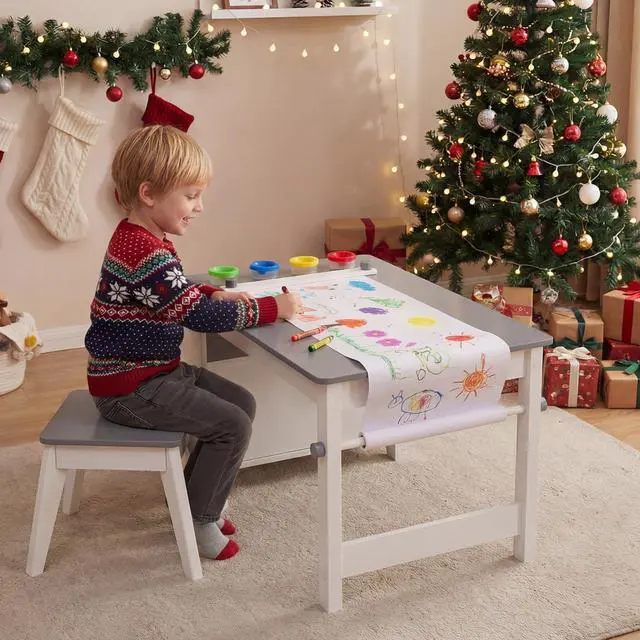 Alt view image 2 of 6 - Kids Art Table and Chair Set, Wooden Arts Crafts Activity Set w/Paper Roll, Storage Shelf, Bins, for Writing Drawing Dining, Children Learning Furniture, Toddler Table and Chair Set