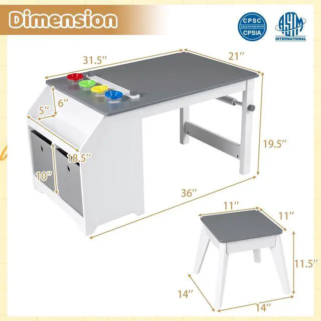 Alt view image 3 of 6 - Kids Art Table and Chair Set, Wooden Arts Crafts Activity Set w/Paper Roll, Storage Shelf, Bins, for Writing Drawing Dining, Children Learning Furniture, Toddler Table and Chair Set