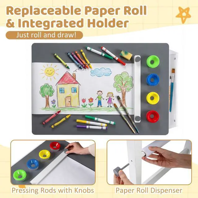 Alt view image 4 of 6 - Kids Art Table and Chair Set, Wooden Arts Crafts Activity Set w/Paper Roll, Storage Shelf, Bins, for Writing Drawing Dining, Children Learning Furniture, Toddler Table and Chair Set