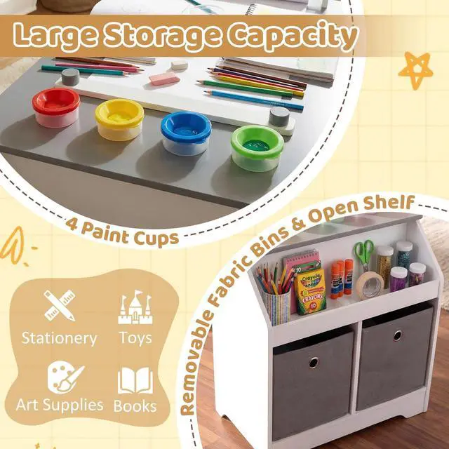 Alt view image 5 of 6 - Kids Art Table and Chair Set, Wooden Arts Crafts Activity Set w/Paper Roll, Storage Shelf, Bins, for Writing Drawing Dining, Children Learning Furniture, Toddler Table and Chair Set