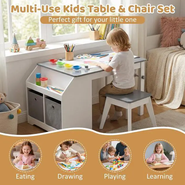 Alt view image 6 of 6 - Kids Art Table and Chair Set, Wooden Arts Crafts Activity Set w/Paper Roll, Storage Shelf, Bins, for Writing Drawing Dining, Children Learning Furniture, Toddler Table and Chair Set