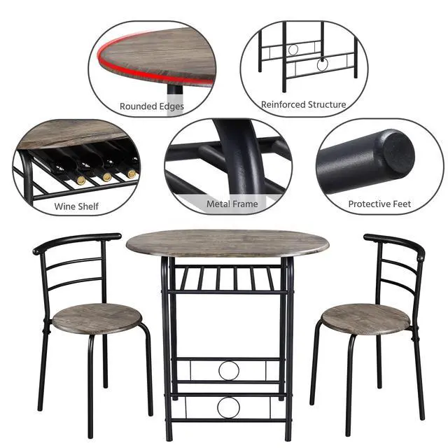 Alt view image 4 of 6 - Table & Chair Sets for 2, Dining Room Table Set w/Metal Frame, Storage Rack, Space-Saving Design for Kitchens, Apartments, Dorm Rooms - Drift Brown