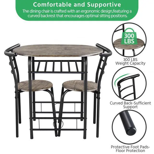 Alt view image 5 of 6 - Table & Chair Sets for 2, Dining Room Table Set w/Metal Frame, Storage Rack, Space-Saving Design for Kitchens, Apartments, Dorm Rooms - Drift Brown