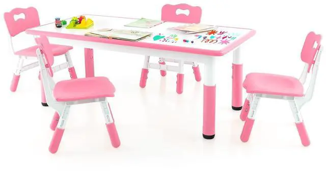 Main image of Kids Table and Chair Set, Height Adjustable Children Activity Table and 4 Chairs Set w/Erasable Graffiti Desktop, Toddler Table and Chair Set for Daycare, Classroom, Home (Pink)
