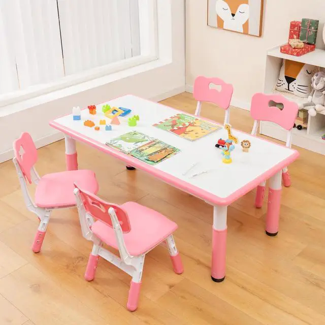 Alt view image 2 of 6 - Kids Table and Chair Set, Height Adjustable Children Activity Table and 4 Chairs Set w/Erasable Graffiti Desktop, Toddler Table and Chair Set for Daycare, Classroom, Home (Pink)