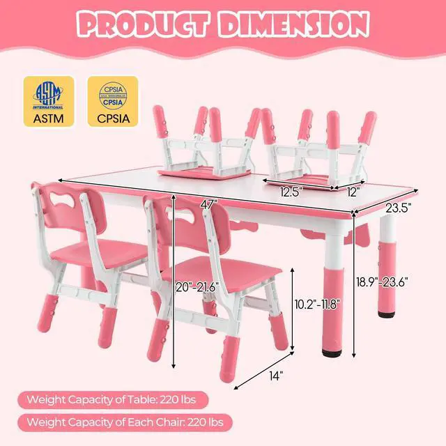 Alt view image 3 of 6 - Kids Table and Chair Set, Height Adjustable Children Activity Table and 4 Chairs Set w/Erasable Graffiti Desktop, Toddler Table and Chair Set for Daycare, Classroom, Home (Pink)