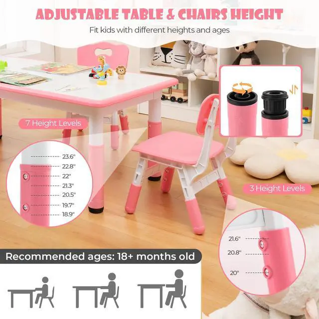 Alt view image 4 of 6 - Kids Table and Chair Set, Height Adjustable Children Activity Table and 4 Chairs Set w/Erasable Graffiti Desktop, Toddler Table and Chair Set for Daycare, Classroom, Home (Pink)