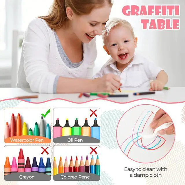 Alt view image 5 of 6 - Kids Table and Chair Set, Height Adjustable Children Activity Table and 4 Chairs Set w/Erasable Graffiti Desktop, Toddler Table and Chair Set for Daycare, Classroom, Home (Pink)