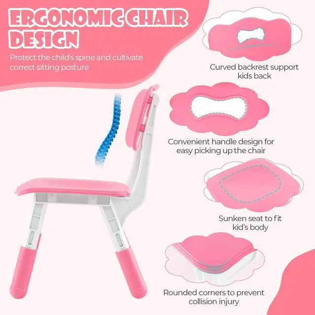 Alt view image 6 of 6 - Kids Table and Chair Set, Height Adjustable Children Activity Table and 4 Chairs Set w/Erasable Graffiti Desktop, Toddler Table and Chair Set for Daycare, Classroom, Home (Pink)