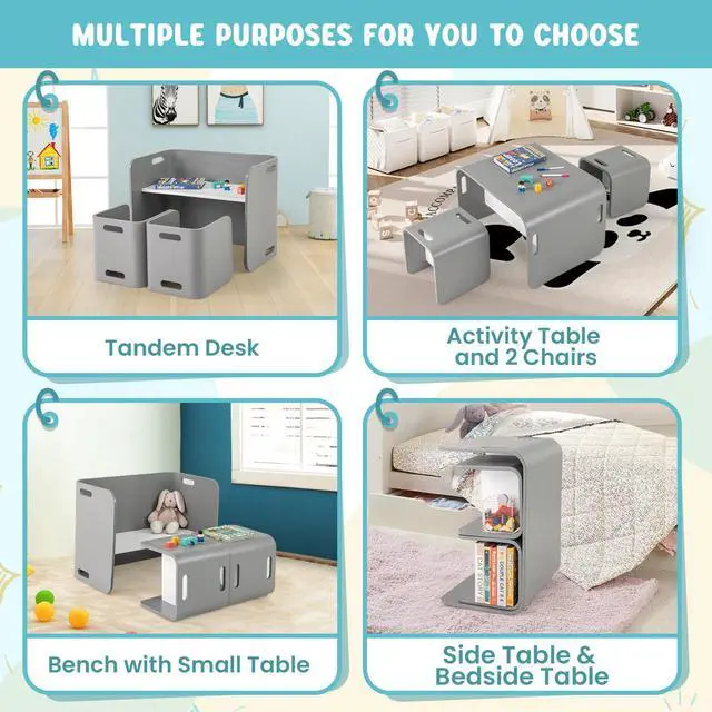 Alt view image 2 of 6 - Kids Table and Chair Set, Wood Baby Activity Table and 2 Stacking Chairs with Storage, for Reading, Eating, Arts, Crafts, Playroom, Toddler Table & Chair Set for Girls Boys, Grey