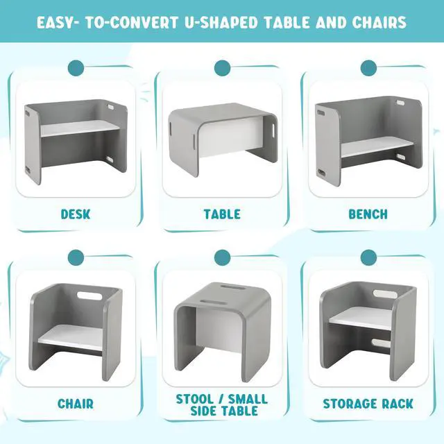 Alt view image 3 of 6 - Kids Table and Chair Set, Wood Baby Activity Table and 2 Stacking Chairs with Storage, for Reading, Eating, Arts, Crafts, Playroom, Toddler Table & Chair Set for Girls Boys, Grey