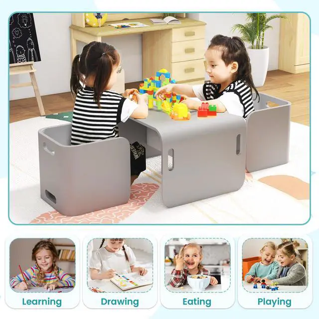 Alt view image 4 of 6 - Kids Table and Chair Set, Wood Baby Activity Table and 2 Stacking Chairs with Storage, for Reading, Eating, Arts, Crafts, Playroom, Toddler Table & Chair Set for Girls Boys, Grey