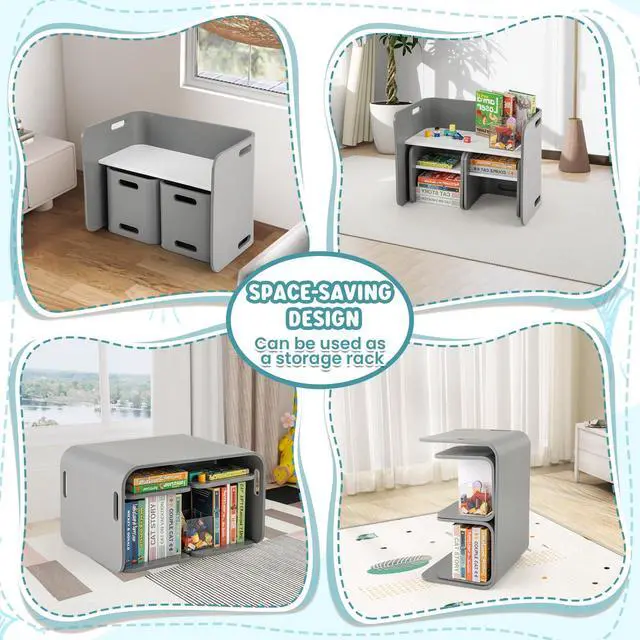 Alt view image 5 of 6 - Kids Table and Chair Set, Wood Baby Activity Table and 2 Stacking Chairs with Storage, for Reading, Eating, Arts, Crafts, Playroom, Toddler Table & Chair Set for Girls Boys, Grey