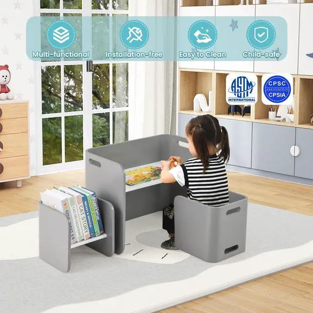 Alt view image 6 of 6 - Kids Table and Chair Set, Wood Baby Activity Table and 2 Stacking Chairs with Storage, for Reading, Eating, Arts, Crafts, Playroom, Toddler Table & Chair Set for Girls Boys, Grey