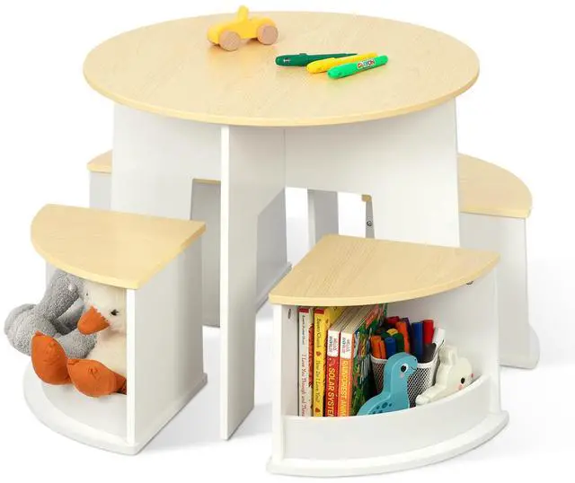 Main image of Toddler Table and Chair Set, Wooden Round Table with 4 Storage Stools, Kids Tables and Chairs for Arts, Crafts, Read and Play