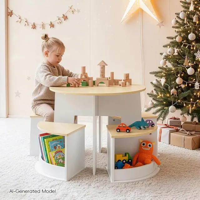 Alt view image 2 of 6 - Toddler Table and Chair Set, Wooden Round Table with 4 Storage Stools, Kids Tables and Chairs for Arts, Crafts, Read and Play