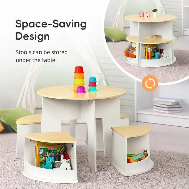 Alt view image 3 of 6 - Toddler Table and Chair Set, Wooden Round Table with 4 Storage Stools, Kids Tables and Chairs for Arts, Crafts, Read and Play