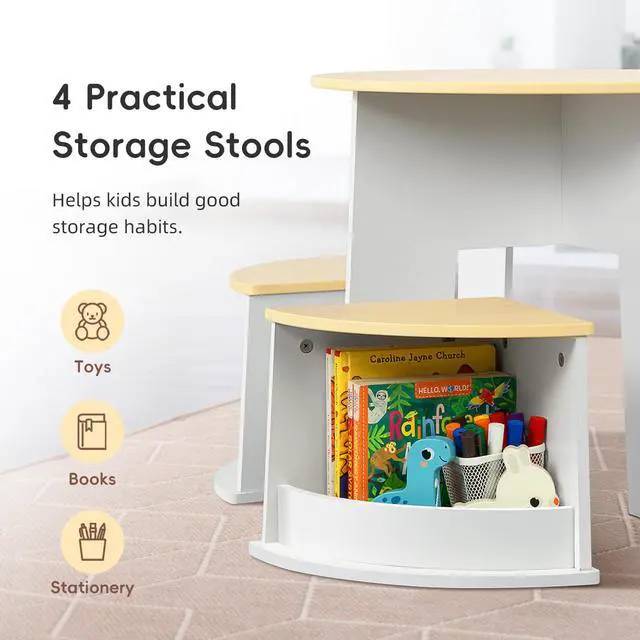 Alt view image 4 of 6 - Toddler Table and Chair Set, Wooden Round Table with 4 Storage Stools, Kids Tables and Chairs for Arts, Crafts, Read and Play