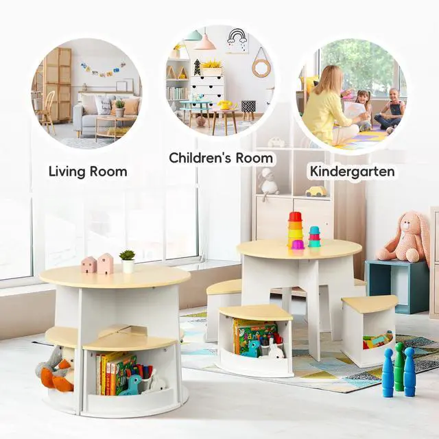 Alt view image 6 of 6 - Toddler Table and Chair Set, Wooden Round Table with 4 Storage Stools, Kids Tables and Chairs for Arts, Crafts, Read and Play