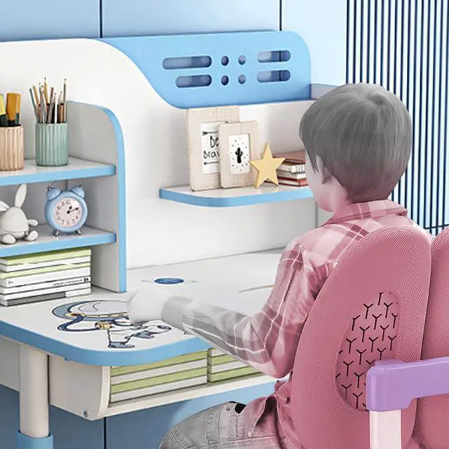 Alt view image 2 of 6 - 2Pcs/Set Kids Study Desk and Chair Set, Multi Functional Height Adjustable Children School Study Desk with Astronaut Pattern, Ergonomic Desk Chair with Large Writing Board, Bookshelf and Drawer (Blue)