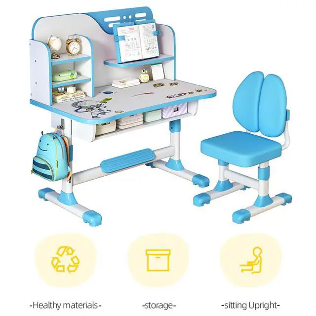 Alt view image 6 of 6 - 2Pcs/Set Kids Study Desk and Chair Set, Multi Functional Height Adjustable Children School Study Desk with Astronaut Pattern, Ergonomic Desk Chair with Large Writing Board, Bookshelf and Drawer (Blue)