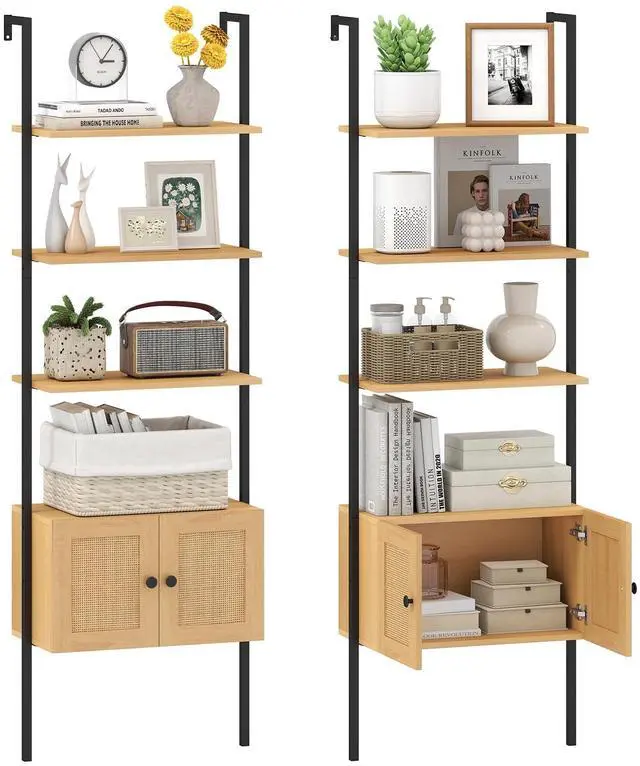 Main image of Ladder Bookshelf with Rattan Cabinet Set of 2, 5-Tier Tall Wall-Mounted Bookcase with Metal Frame, 72.5" Boho Open Display Shelf Storage Organizer for Living Room, Study, Home Office, Natural