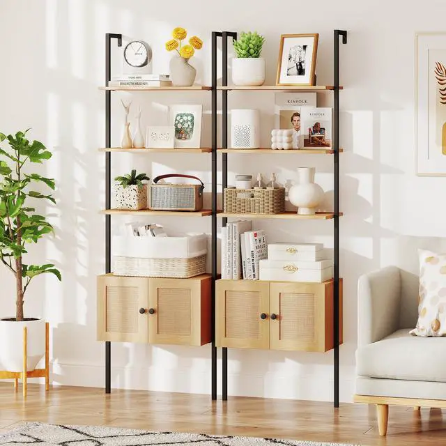 Alt view image 2 of 6 - Ladder Bookshelf with Rattan Cabinet Set of 2, 5-Tier Tall Wall-Mounted Bookcase with Metal Frame, 72.5" Boho Open Display Shelf Storage Organizer for Living Room, Study, Home Office, Natural