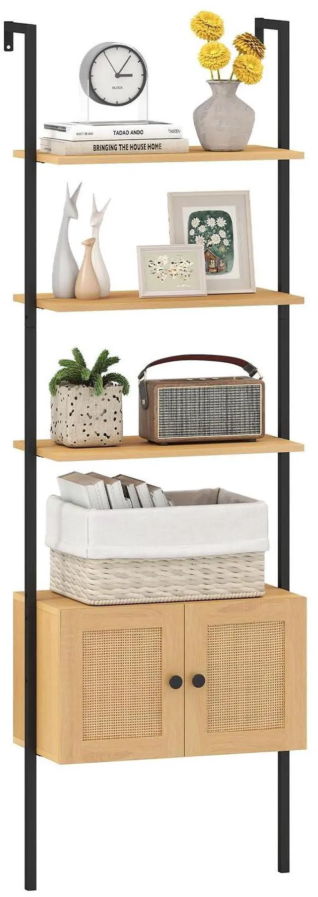 Main image of Ladder Bookshelf with Rattan Cabinet, 5-Tier Tall Wall-Mounted Bookcase with Metal Frame, 72.5" Boho Open Display Shelf Storage Organizer for Living Room, Study, Home Office, Natural
