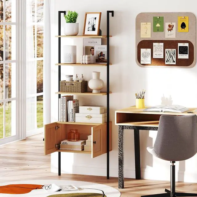 Alt view image 2 of 6 - Ladder Bookshelf with Rattan Cabinet, 5-Tier Tall Wall-Mounted Bookcase with Metal Frame, 72.5" Boho Open Display Shelf Storage Organizer for Living Room, Study, Home Office, Natural