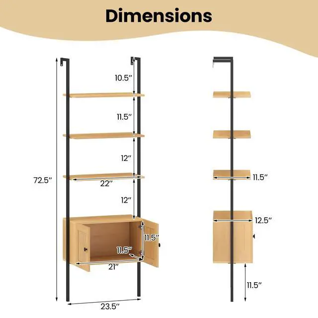 Alt view image 3 of 6 - Ladder Bookshelf with Rattan Cabinet, 5-Tier Tall Wall-Mounted Bookcase with Metal Frame, 72.5" Boho Open Display Shelf Storage Organizer for Living Room, Study, Home Office, Natural