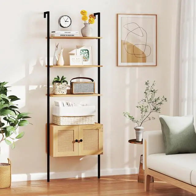 Alt view image 4 of 6 - Ladder Bookshelf with Rattan Cabinet, 5-Tier Tall Wall-Mounted Bookcase with Metal Frame, 72.5" Boho Open Display Shelf Storage Organizer for Living Room, Study, Home Office, Natural