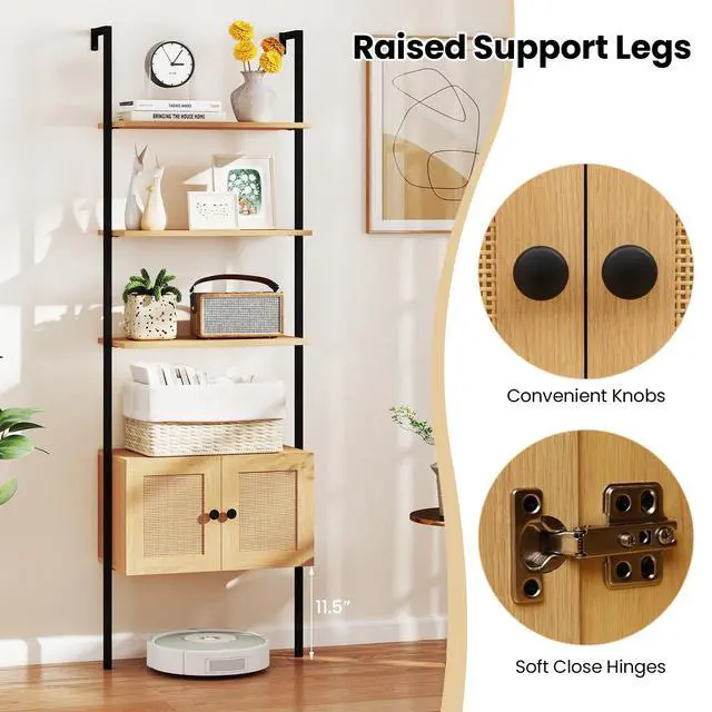 Alt view image 6 of 6 - Ladder Bookshelf with Rattan Cabinet, 5-Tier Tall Wall-Mounted Bookcase with Metal Frame, 72.5" Boho Open Display Shelf Storage Organizer for Living Room, Study, Home Office, Natural