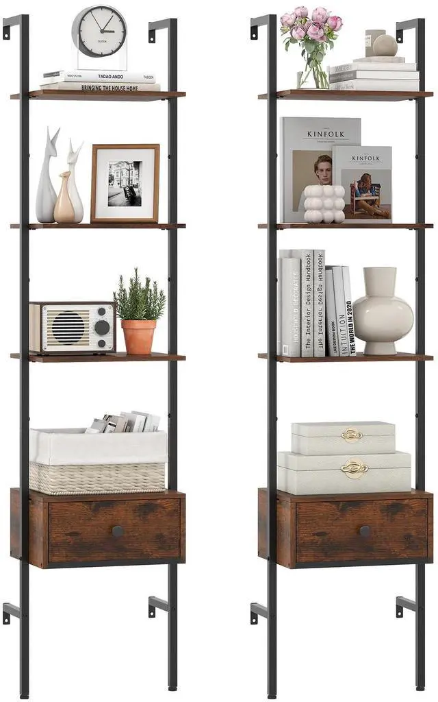 Main image of 5-Tier Ladder Bookcase with Drawer, 70" Tall Wall-Mounted Bookshelf with Metal Frame, Industrial Open Display Shelf Storage Organizer for Living Room, Study, Home Office, Rustic Brown (2)