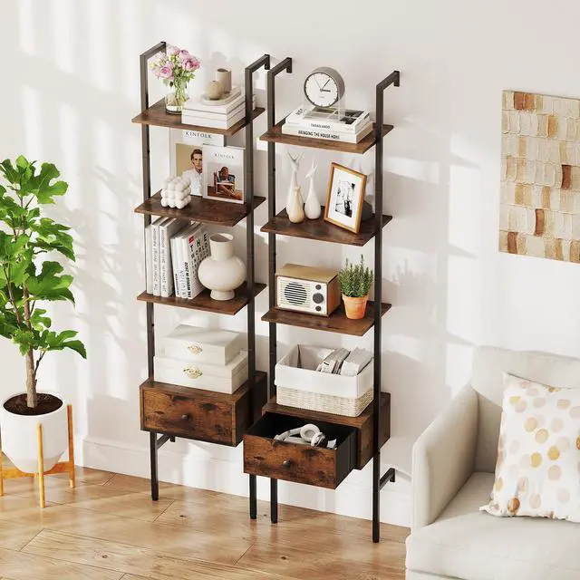 Alt view image 2 of 6 - 5-Tier Ladder Bookcase with Drawer, 70" Tall Wall-Mounted Bookshelf with Metal Frame, Industrial Open Display Shelf Storage Organizer for Living Room, Study, Home Office, Rustic Brown (2)
