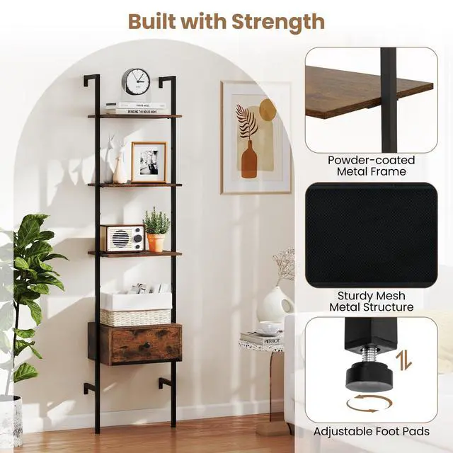 Alt view image 6 of 6 - 5-Tier Ladder Bookcase with Drawer, 70" Tall Wall-Mounted Bookshelf with Metal Frame, Industrial Open Display Shelf Storage Organizer for Living Room, Study, Home Office, Rustic Brown (2)