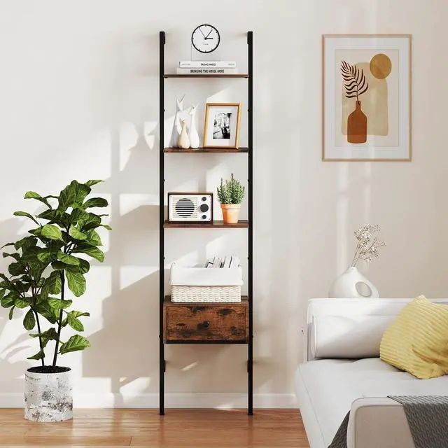 Alt view image 2 of 6 - 5-Tier Ladder Bookcase with Drawer, 70" Tall Wall-Mounted Bookshelf with Metal Frame, Industrial Open Display Shelf Storage Organizer for Living Room, Study, Home Office, Rustic Brown (1)