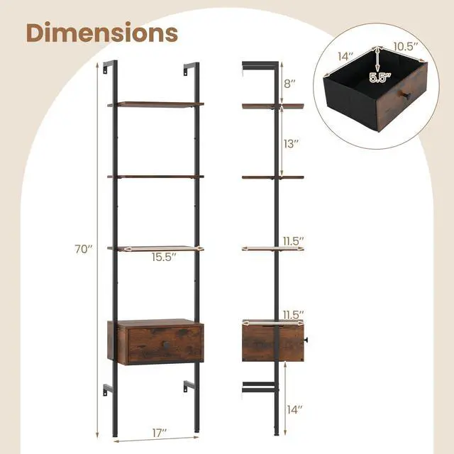 Alt view image 3 of 6 - 5-Tier Ladder Bookcase with Drawer, 70" Tall Wall-Mounted Bookshelf with Metal Frame, Industrial Open Display Shelf Storage Organizer for Living Room, Study, Home Office, Rustic Brown (1)
