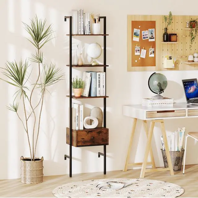 Alt view image 5 of 6 - 5-Tier Ladder Bookcase with Drawer, 70" Tall Wall-Mounted Bookshelf with Metal Frame, Industrial Open Display Shelf Storage Organizer for Living Room, Study, Home Office, Rustic Brown (1)