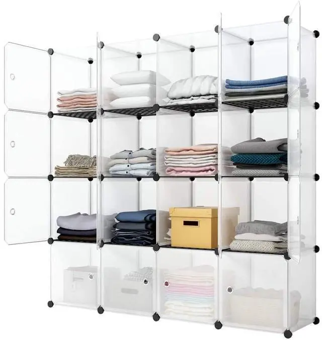 Main image of Cube Storage Organizer with Doors, DIY Plastic Modular Bookshelf Closet Cabinet Space Saver for Home, Living Room, Office (16-Cube/White Panels White Door)
